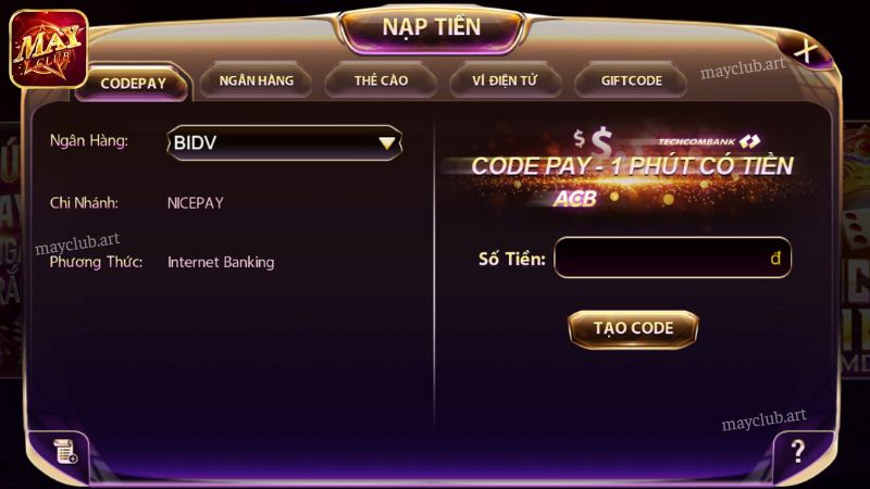 Nạp tiền Mayclub hình thức Codepay