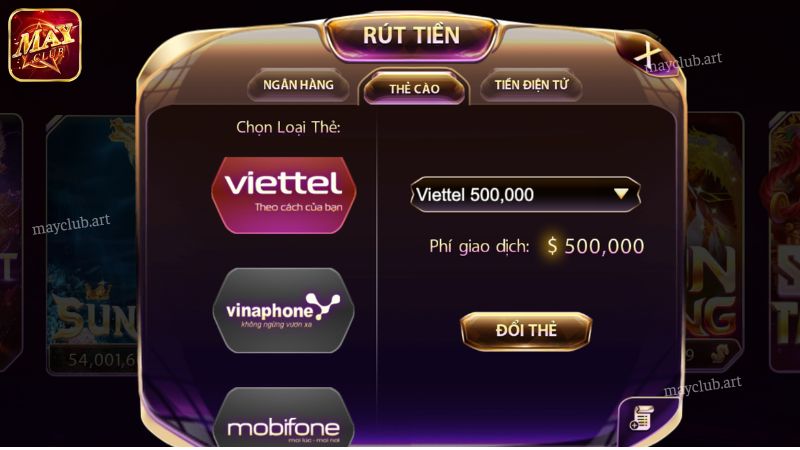 Rút tiền Mayclub bằng thẻ cào điện thoại