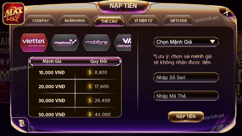 Sử dụng thẻ cào nạp tiền Mayclub